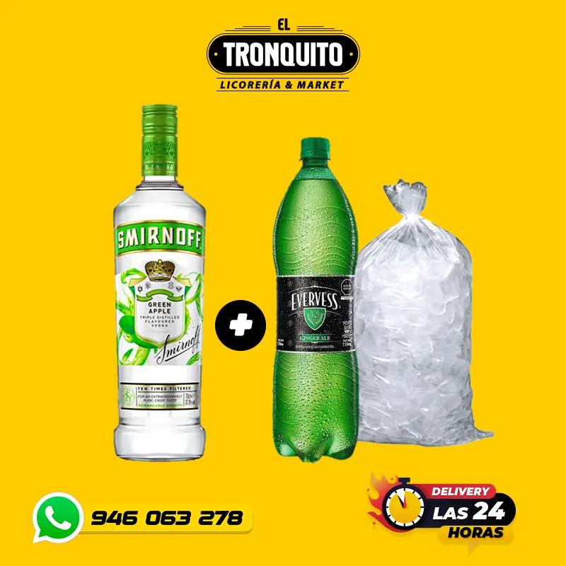 1 smirnoff de manzana  + gingerale litro y medio  Hielo kilo y medio 