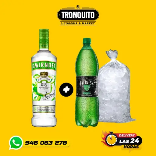 1 smirnoff de manzana  + gingerale litro y medio  Hielo kilo y medio 