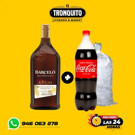 1 Ron Barceló añejo de 750 ml + Coca Cola litro y medio (1 1/2) + hielo kilo y medio (1 1/2)